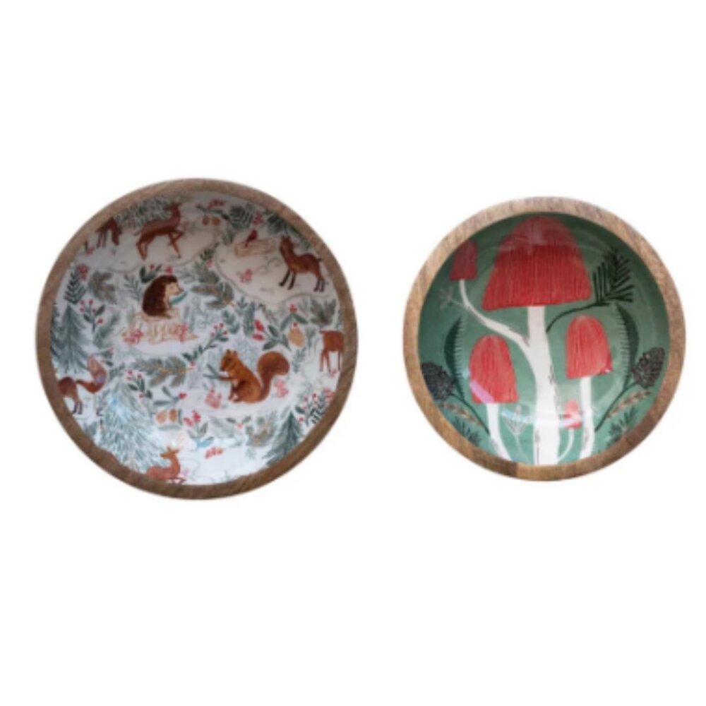 Creative Co-op - Mango Wood Bowls with Woodland Pattern - Set of 2- NWT